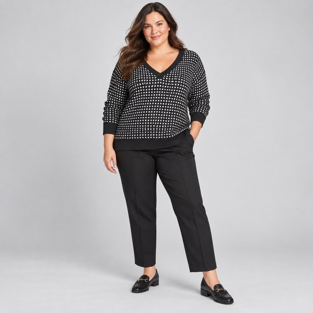 Worthington Women's 2X Black White Micro Check V-Neck Pullover Sweater